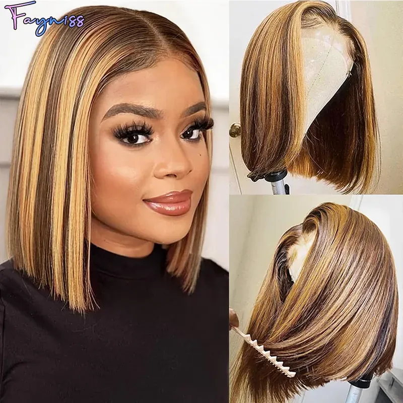 Fayniss 100% Human Hair Bob Wigs Highlight Honey Blonde Ombre 13x4…