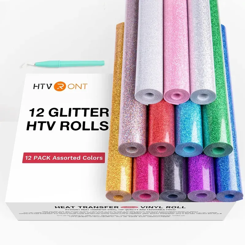 HTVRONT 12 Pack Glitter HTV Heat Transfer Vinyl Roll 12 in X 5 ft…