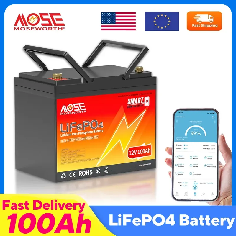 MOSEWORTH 12V 100Ah Bluetooth LiFePO4 Lithium Battery Smart 100A…