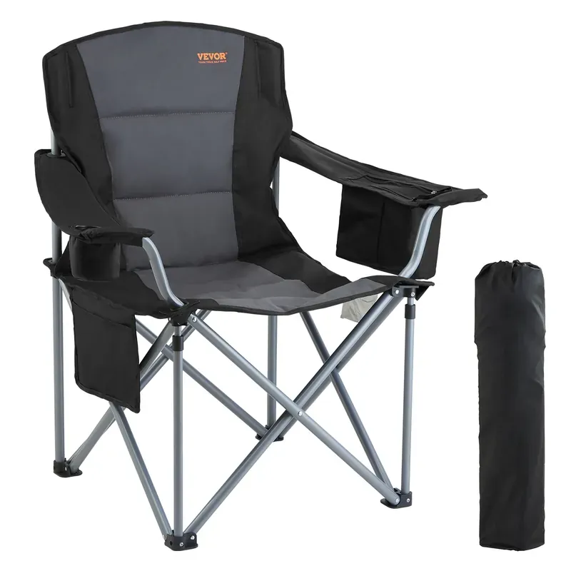 Padded Camping Folding Chair with Lumbar Support and Side Pockets